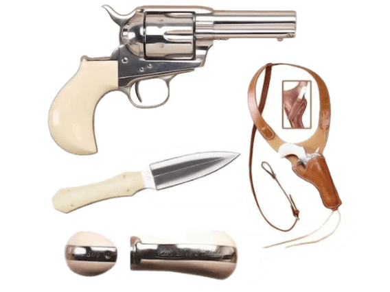 Cimarron Doc Holliday Combo Pistol 45 Colt (Long Colt) 3.5" Barrel, 6-Round Nickel, Bone Ivory Gripped Dagger/Huckle Berry Shoulder Rig