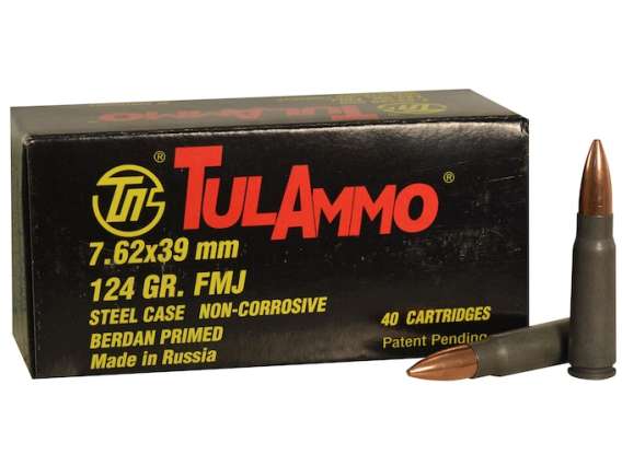 TulAmmo Ammunition 7.62x39mm 124 Grain Full Metal Jacket (Bi-Metal) Steel Case Berdan Primed