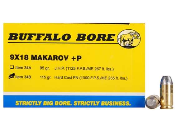 Buffalo Bore Ammunition 9x18mm (9mm Makarov) 115 Grain Hard Cast Lead Flat Nose 500 rounds