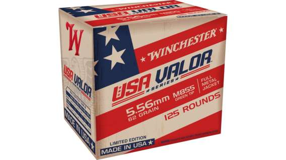 Winchester USA VALOR 5.56x45mm NATO 62 grain Green Tip (M855) Full Metal Jacket Boat Tail (FMJBT) Brass 500 rounds